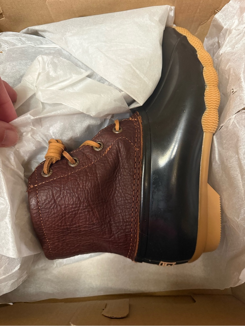 Sperry Brown Leather and Black Rubber Lace-Up Duck all weather boots